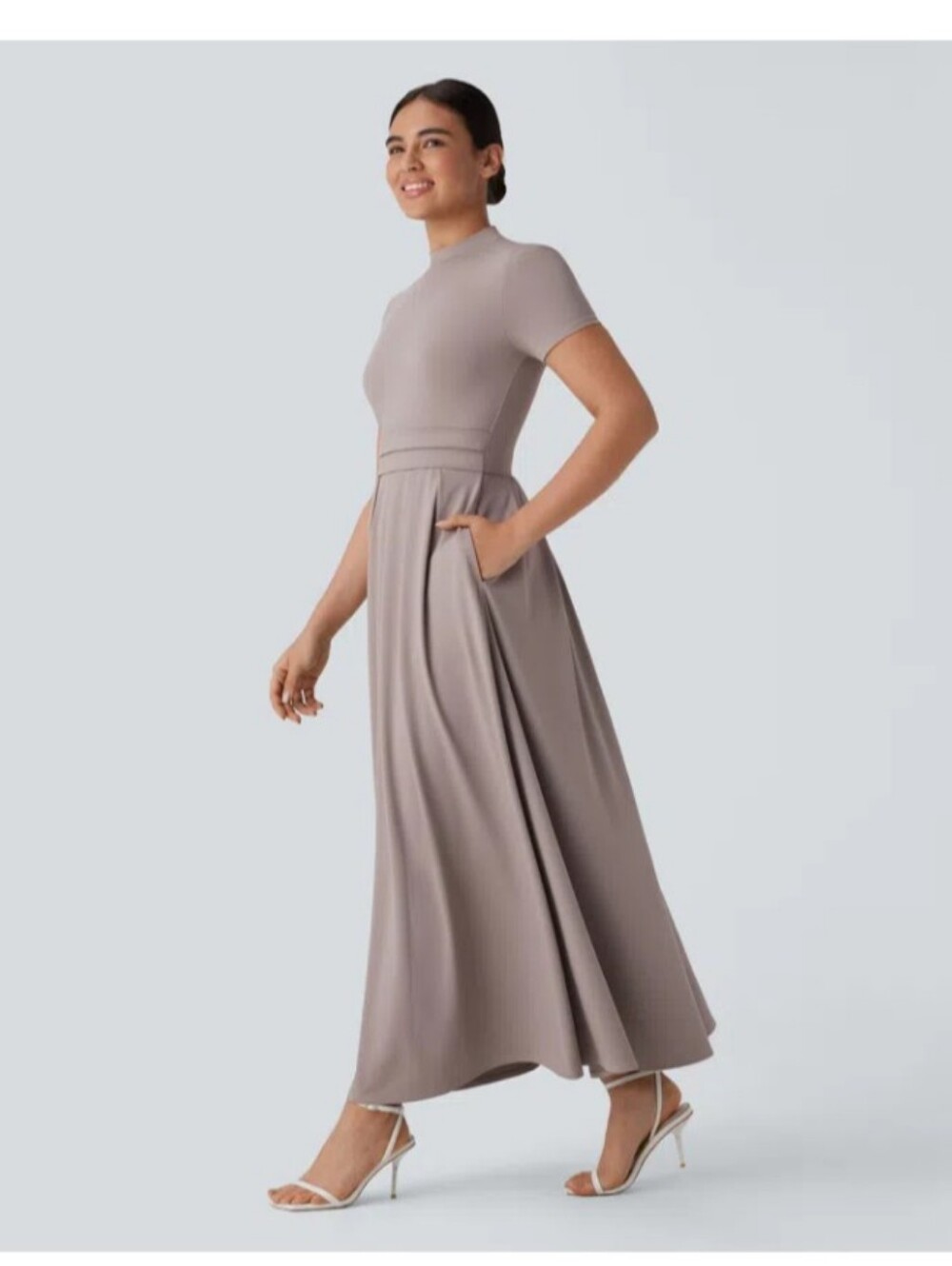 HALARA Short-Sleeve Maxi Dress in Light Taupe